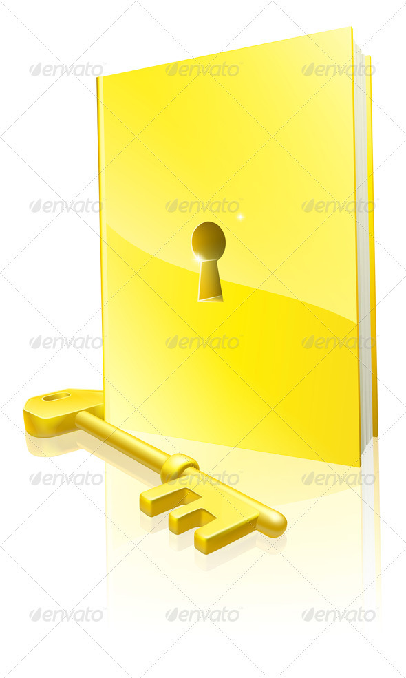 Golden locked book and key - Characters Vectors