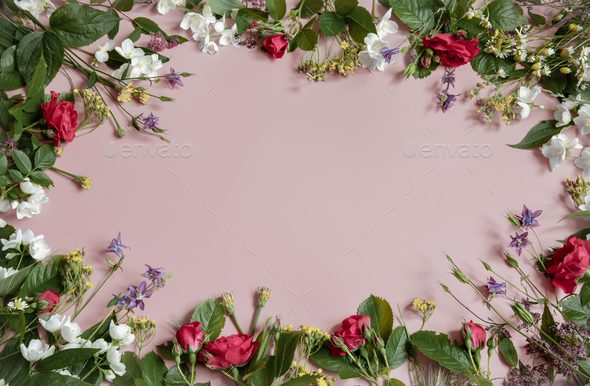 Floral frame of roses and other flowers on a pink background. Stock Photo  by puhimec