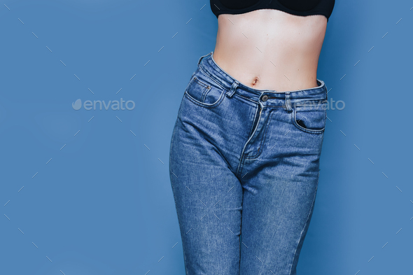 skinny woman body with Loose pants jeans, Light weight body with loose clothes, slender and Healthy