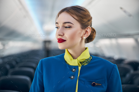 Beautiful air hostess in an airplane smiling