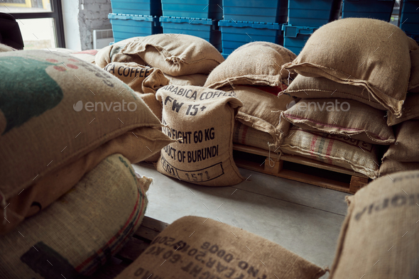 Storage with arabica coffee beans in bags