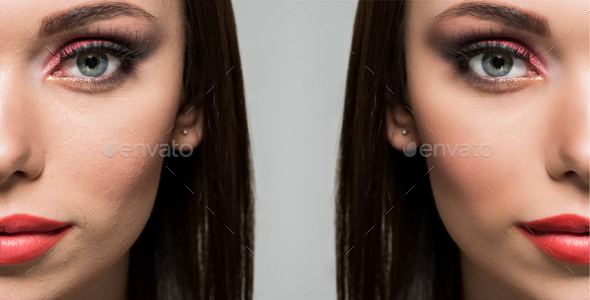 face of attractive young woman with fashion makeup before and after retouch isolated on grey