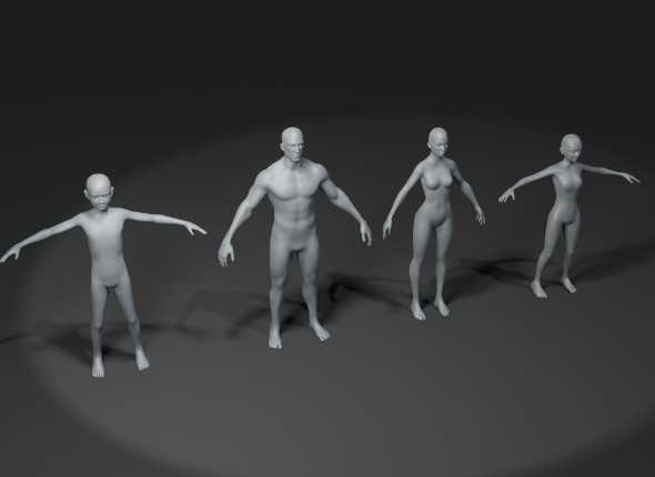 Human Body Base Mesh 3D Model Family Pack 10k Polygons