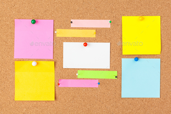 Cork board with several colorful blank notes with pins Stock Photo by  FabrikaPhoto