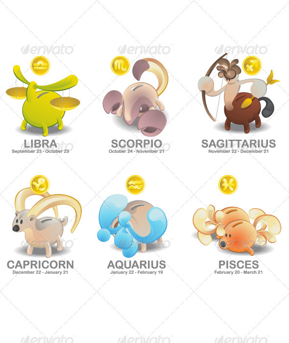 Piggy Bank of Zodiac icon set: Libra, Scorpio, Sag - Animals Characters