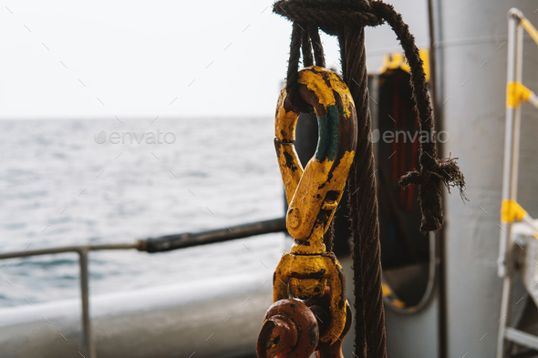 Offshore crane hook is secured for sea passage