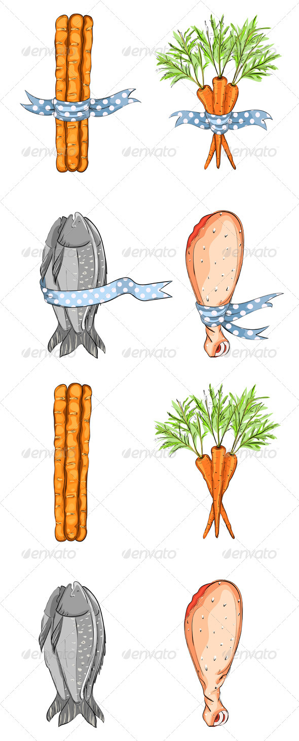 Fish Bread Carrot Chicken with Ribbons - Food Objects