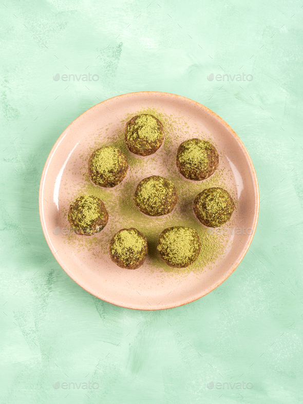 Matcha tea energy balls with nut butter and dried fruit