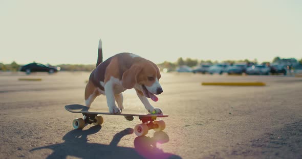 Beagle Dog Rides a Skateboard Outdoors, Stock Footage | VideoHive
