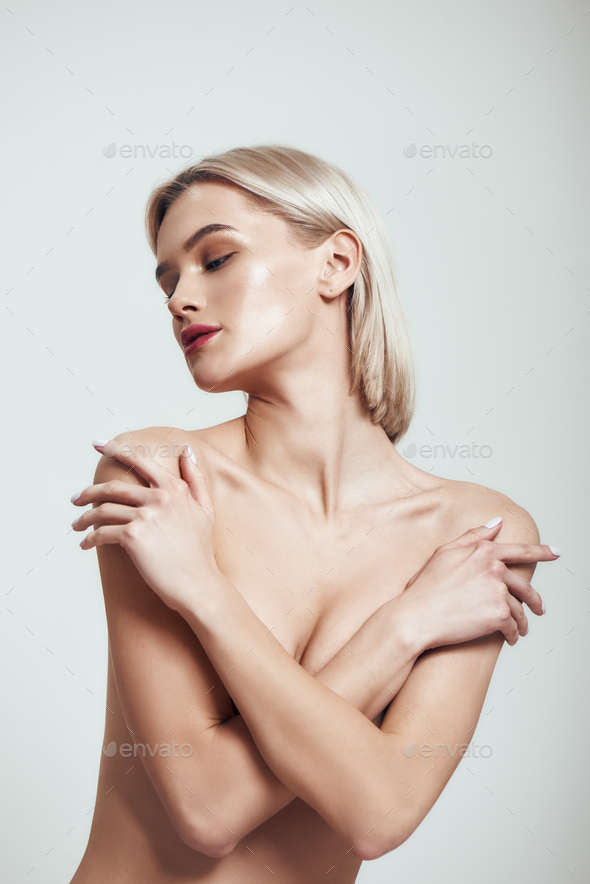 Nude Skinny Sexy Girl Covers Breasts With Her Hands Stock Photo