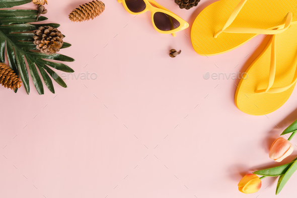 Creative flat lay photo of travel vacation spring or summer tropical fashion. - Stock Photo - Images