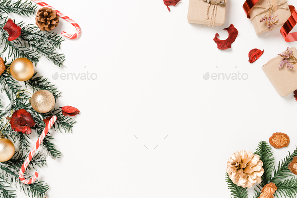 Minimal creative flat lay of christmas traditional composition and new year holiday season. - Stock Photo - Images