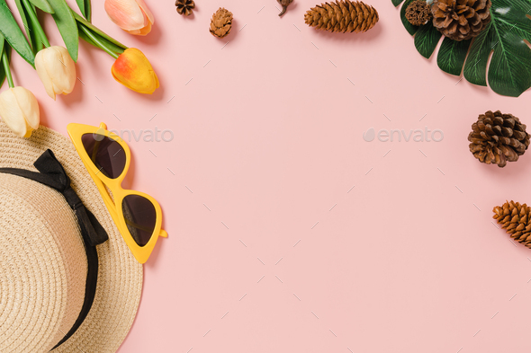 Creative flat lay photo of travel vacation spring or summer tropical fashion. - Stock Photo - Images