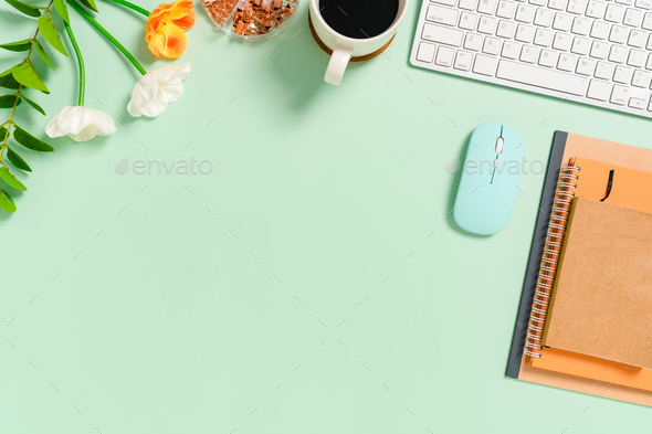 Minimal work space - Creative flat lay photo of workspace desk. - Stock Photo - Images