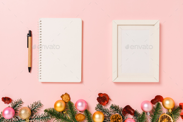 Minimal creative flat lay of winter christmas traditional composition and new year holiday season. - Stock Photo - Images