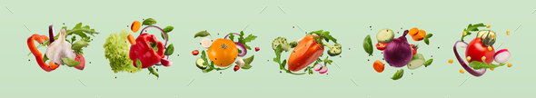 Sets of summer vegetables and greens in a row - Stock Photo - Images