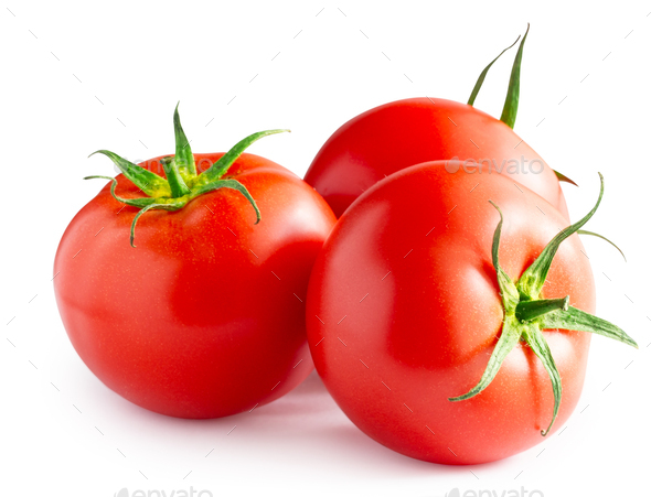Three ripe red tomatoes isolated on white background - Stock Photo - Images