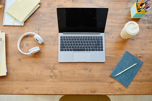 Laptop on Desk with Accessories - Stock Photo - Images