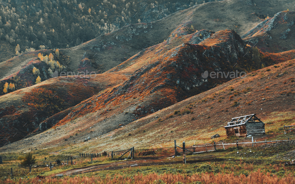 Landscape with mountains and a hutch - Stock Photo - Images