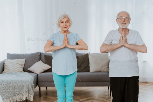 Elderly couple doing fitness at home