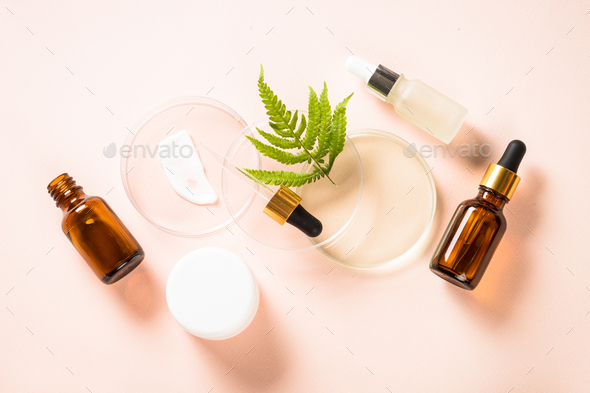 Glass petri dish with cosmetic products and green plants - Stock Photo - Images