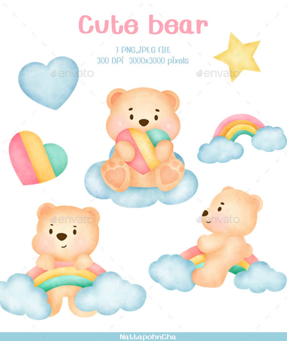Cute Teddy Bear in Watercolor Clipart Graphic by VeloonaP