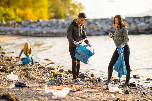 Team of young dedicated volunteers cleaning beach on sunny day - Stock Photo - Images