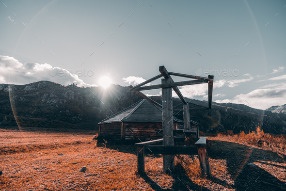 Fall mountain scenery with a hut - Stock Photo - Images