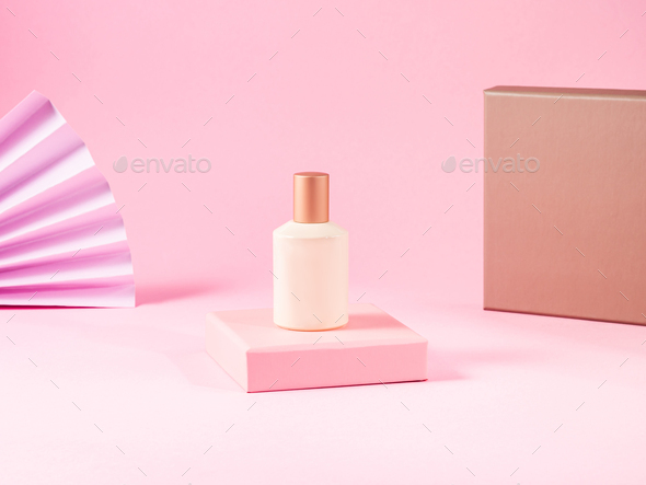 Geometric podium displays body care generic bottle on pink background.