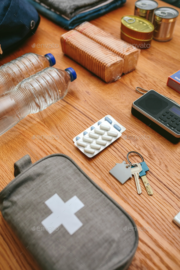 Essential items prepared for emergency backpack