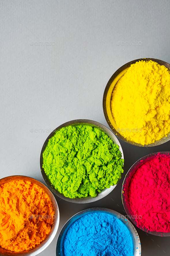 Traditional, Indian Colorful Holi Powder Paint in Steel Bowls. Stock Photo  by zhenny-zhenny