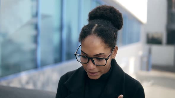 Shocked African American Woman Gots Message From Ex Gasps From Surprise and Excitement Reads alt