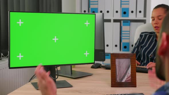 Handicapped Businessman Using Computer with Chroma Key alt