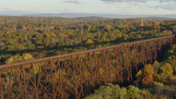 Aerial of railroad bridge amidst autumn forest alt