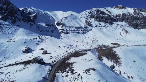 Panoramic view of Ski station centre resort at snowy Andes Mountains. alt