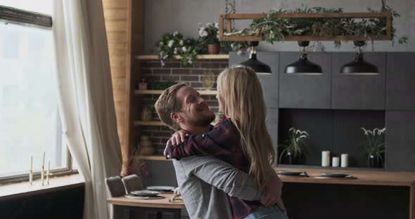 Rejoicing Woman Jumping Into Man Hugging Good News Successful Business Deal Long Awaited Pregnancy alt