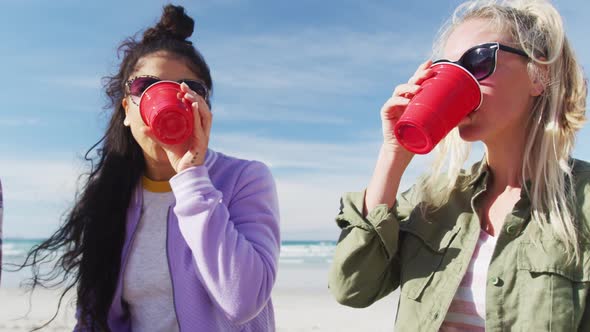 Happy group of diverse female friends having fun, having picnic at the beach alt