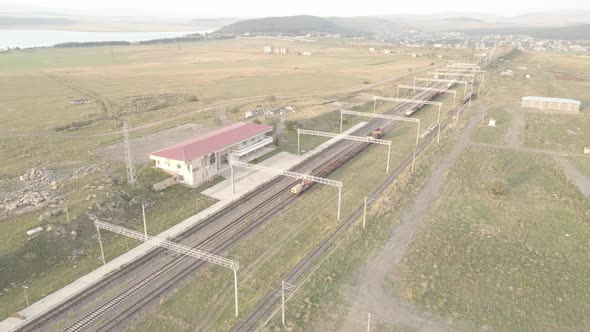 Samtskhe-Javakheti, Georgia - August 20 2021: Aerial view of Tsalka railway station alt