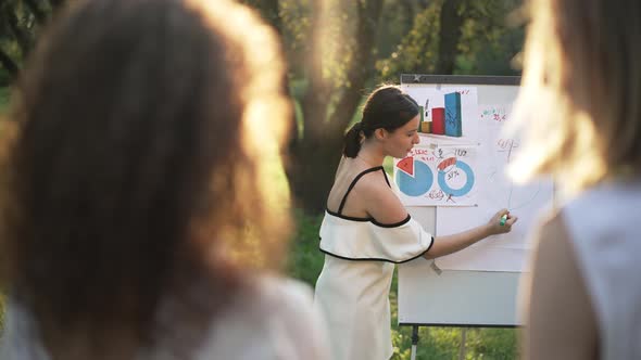 Shooting Over Shoulder of Blurred Colleagues Listening to Young Business Analyst Talking Pointing at alt