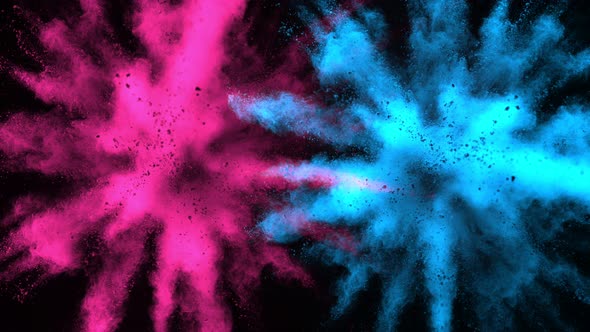 Super Slowmotion Shot of Pink and Blue Powder Explosions Isolated on Black Background alt