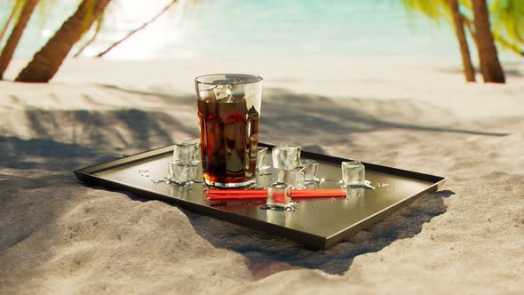 A nice glass of ice-cold cola. Drink at the beach cocktail bar. Soda on a tray. alt