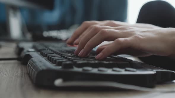 View of Female Hands Typing on Keyboard on Blurred Background alt