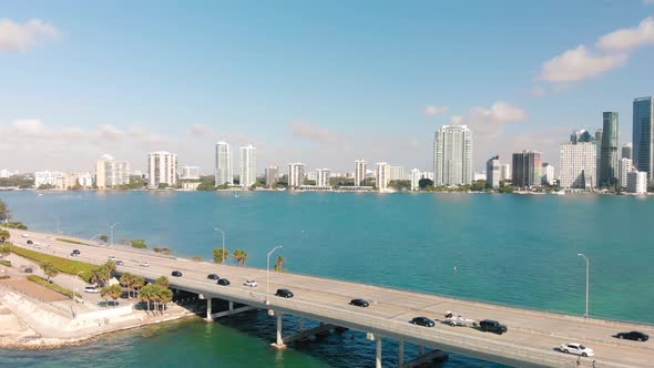 Aerial Drone View of Rickenbacker Causeway and Downtown Miami on a Sunny Day Florida alt