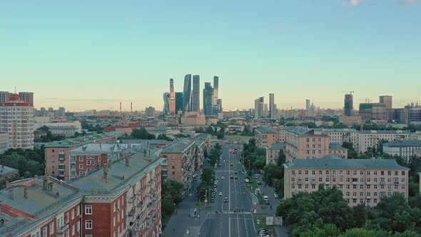 MOSCOW RUSSIA  JUNE 2019 Aerial Drone Shot of Residential Buildings and Moscow City on Background