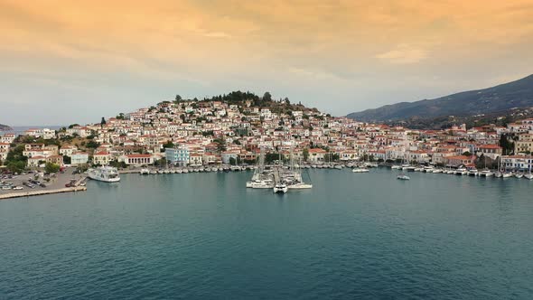 Aerial View of Poros Old Town and Marina or Seaport Greece  Drone Videography alt