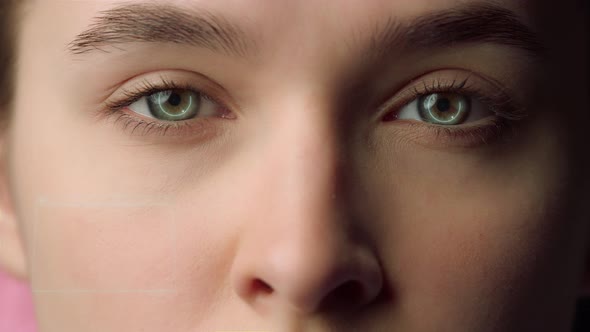 Closeup Face Social Network Hologram Feed Scrolling Process Looking New App Post alt