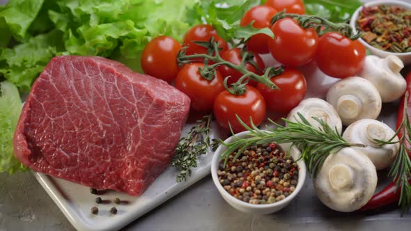 Variety of Organic Food with Raw Beef