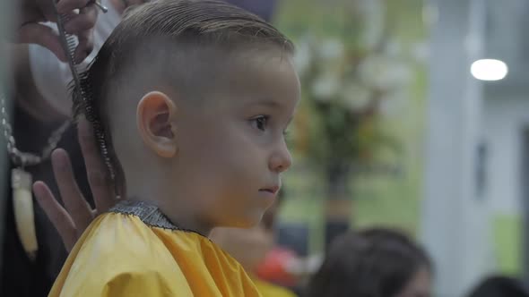 Little Boy Gets a haircut.Children's Haircut in the Salon at the Time of the Coronavirus Epidemic alt