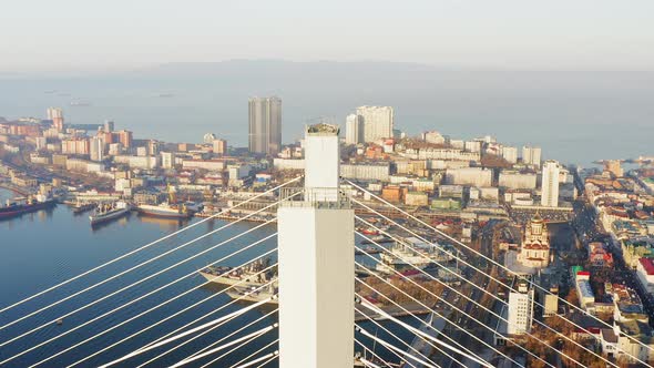 Pylon of the Cablestayed Bridge From the Air at Dawn alt