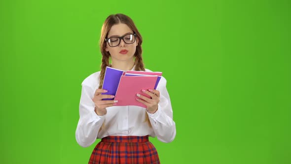 Student Flips Through the Notebook . Green Screen alt